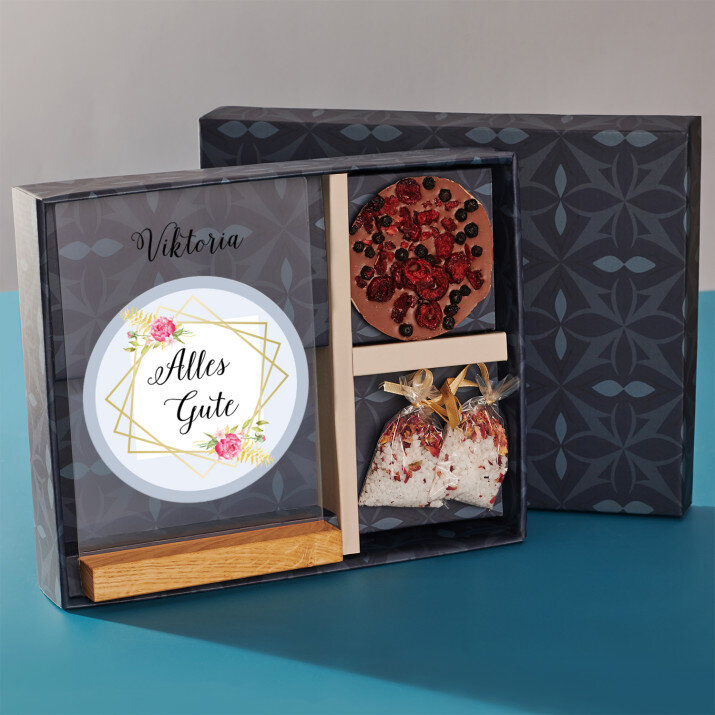 Geschenkset zum Namenstag mit Druck auf Acrylglas und Badesalz