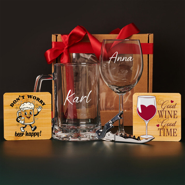 Geschenkset Zur Einweihungsfeier mit Weinglas und Bierkrug