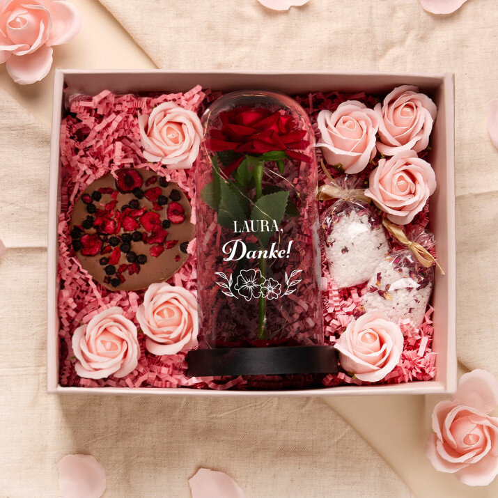 Geschenkset zum Dank mit Ewiger Rose, Schokolade und Badesalz