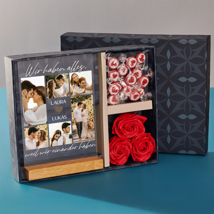 Geschenkset zum Jahrestag mit Druck auf Acrylglas und Bonbons