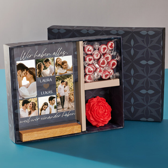 Geschenkset zum Jahrestag mit Druck auf Acrylglas und Bonbons