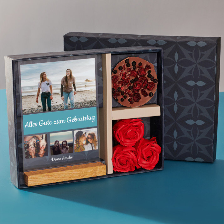 Geschenkset zum Geburtstag mit Druck auf Acrylglas und Schokolade