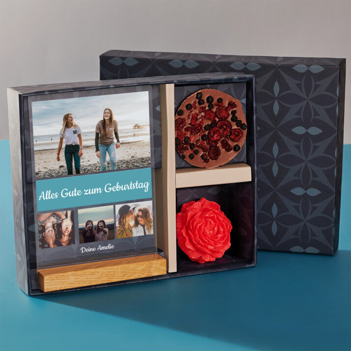 Geschenkset zum Geburtstag mit Druck auf Acrylglas und Schokolade