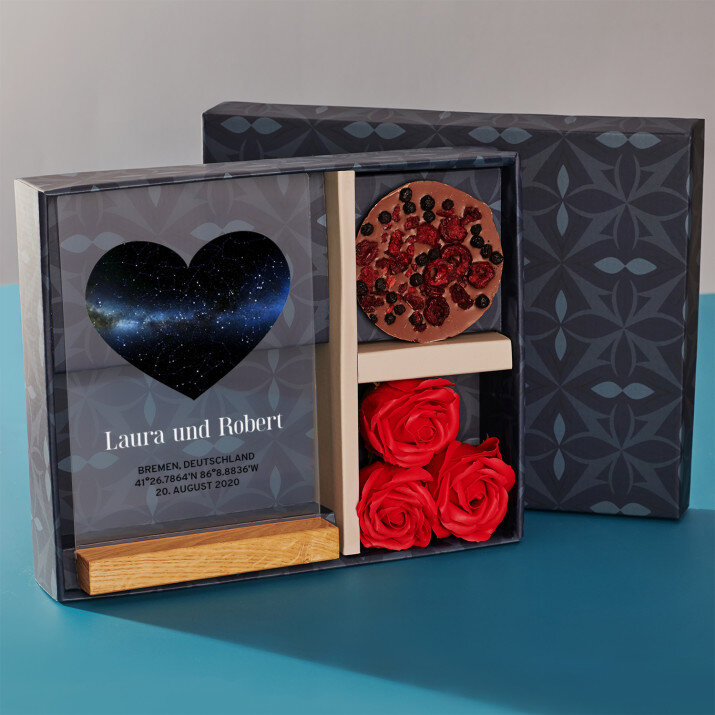 Geschenkset zum Valentinstag 2 mit Druck auf Acrylglas und Schokolade