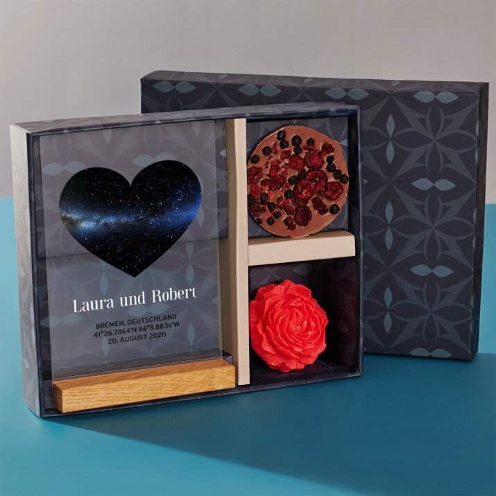 Geschenkset zum Valentinstag 2 mit Druck auf Acrylglas und Schokolade