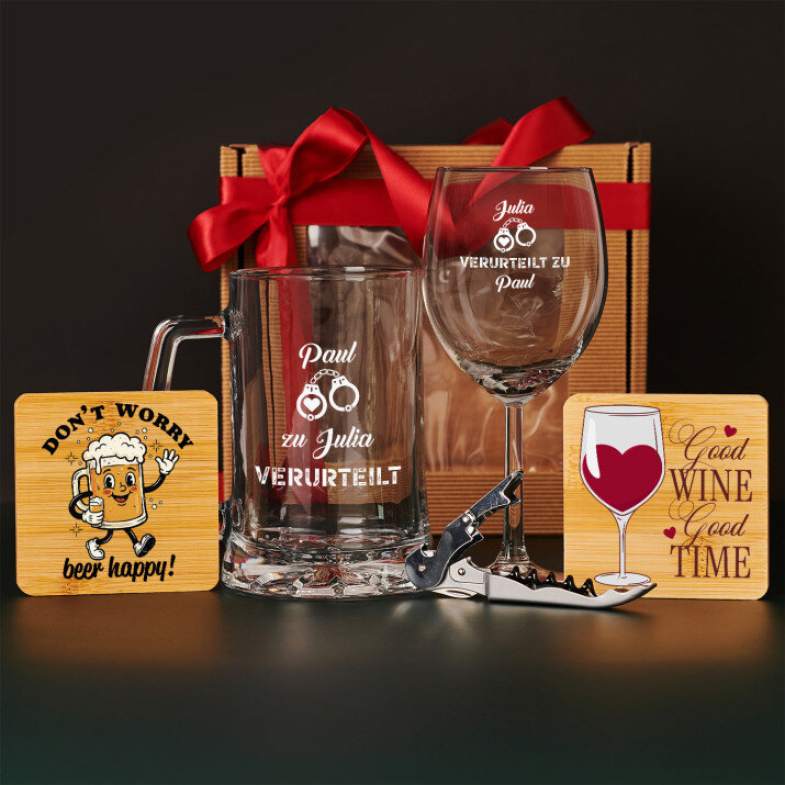 Geschenkset Zum Valentinstag mit Weinglas und Bierkrug
