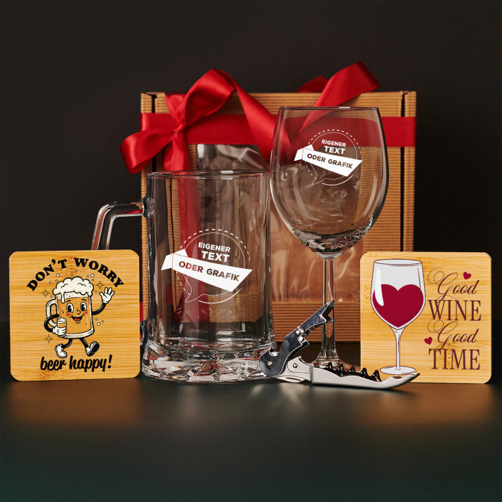 Geschenkset Eigenes Projekt mit Weinglas und Bierkrug
