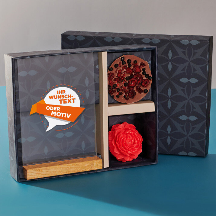 Geschenkset Eigenes Projekt mit Druck auf Acrylglas und Schokolade