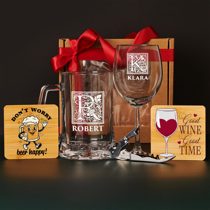 Geschenkset Hochzeit mit Weinglas und Bierkrug