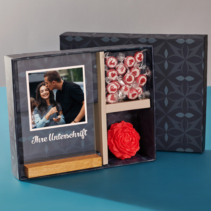 Geschenkset mit Druck auf Acrylglas und Bonbons