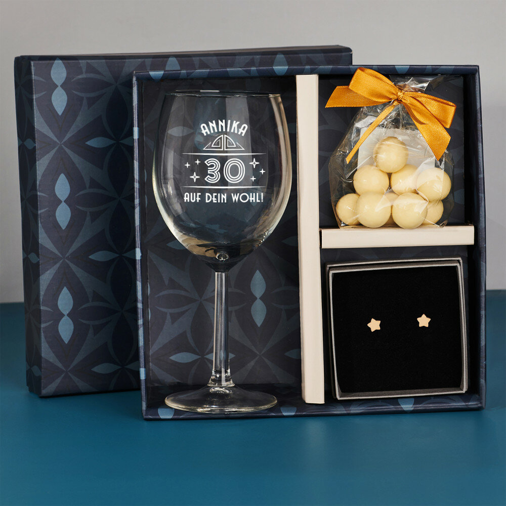 Geschenkset mit Weinglas und Ohrringen Zum 30. Geburtstag